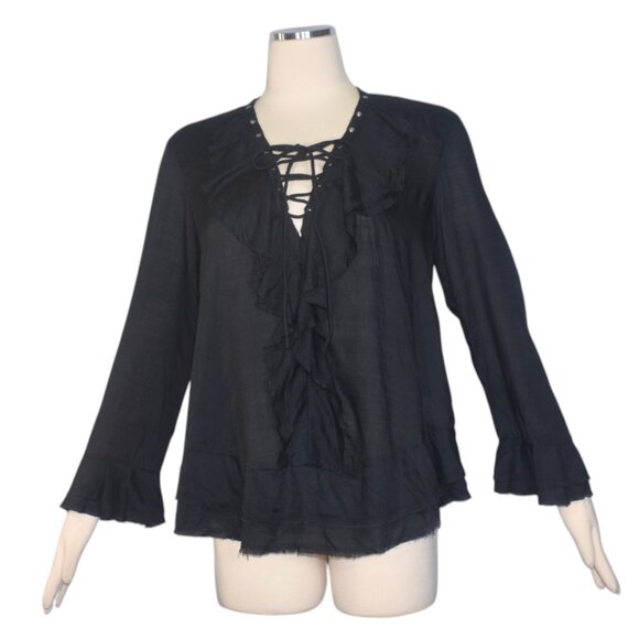 IRO Finley Lace up Front Poet Ruffle Boho Black Blouse 34 XS - Picture 10 of 10